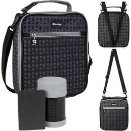 Bentology Convertible Kit - 2 in 1 Reusable Lunch Bag, Hard Ice Pack, Insulated Food Jar - Black Checker