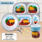 Bentology - Construction Compartment Mealtime 5 Piece Kit - Divided Plate, Bowl, Cup & Utensils