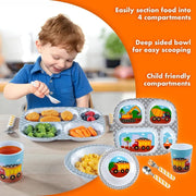 Bentology - Construction Compartment Mealtime 5 Piece Kit - Divided Plate, Bowl, Cup & Utensils