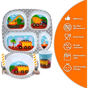 Bentology - Construction Compartment Mealtime 5 Piece Kit - Divided Plate, Bowl, Cup & Utensils