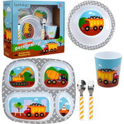 Bentology - Construction Compartment Mealtime 5 Piece Kit - Divided Plate, Bowl, Cup & Utensils