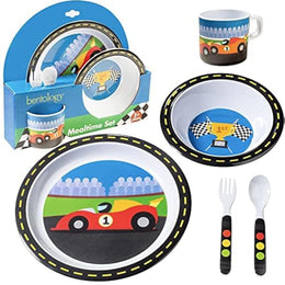 Bentology Race Car Mealtime 5 Piece Kit - Plate, Bowl, Cup, Spoon and Fork